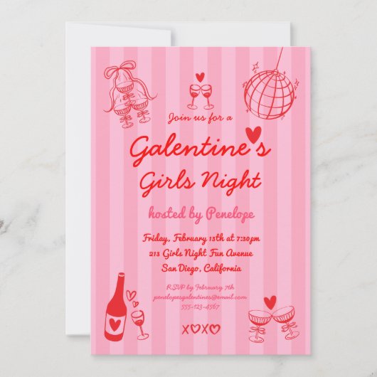 Retro Hand Drawn Galentine's Girls Night Party Kaart (Voorkant)