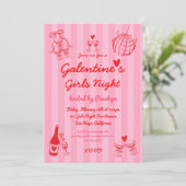 Retro Hand Drawn Galentine's Girls Night Party Kaart (Staand voorkant)