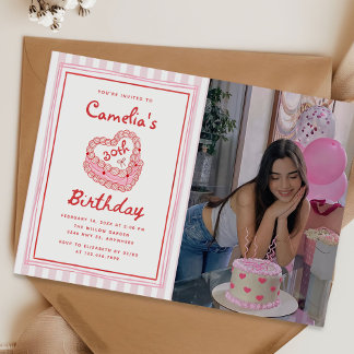 Retro Hand Drawn Girl 30th Birthday Party Photo Kaart