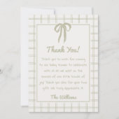 Retro Hand Drawn Green Gingham Bow Baby Shower Bedankkaart (Voorkant)