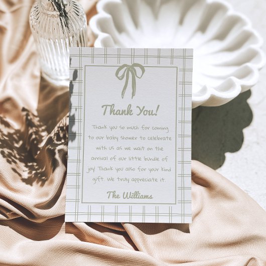 Retro Hand Drawn Green Gingham Bow Baby Shower Bedankkaart