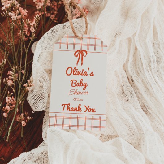 Retro Hand Drawn Neutral Bow Gingham Baby Shower Cadeaulabel