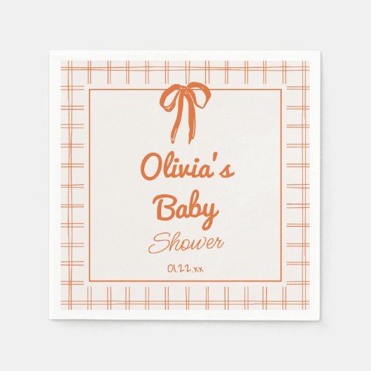 Retro Hand Drawn Orang Bow Gingham Baby Shower Servet (Voorkant)