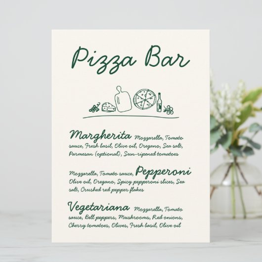 Retro Hand-Drawn Pizza Bar Trouwtafel Teken Kaart (Staand voorkant)