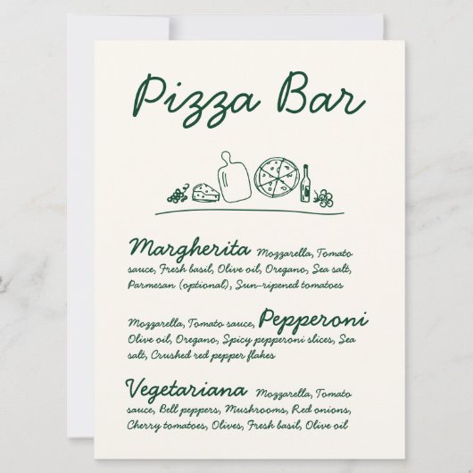 Retro Hand-Drawn Pizza Bar Trouwtafel Teken Kaart (Voorkant)