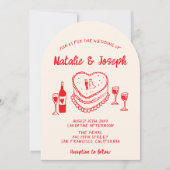 Retro Hand Drawn Red Cake Modern Arched Wedding Kaart (Voorkant)