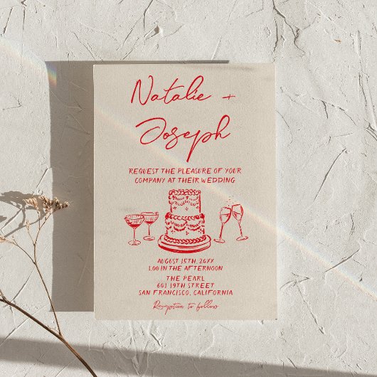 Retro Hand Drawn Red Cake Unique QR Code Wedding Kaart