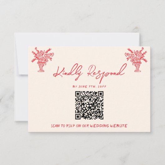 Retro Hand Drawn Red Unique QR Code Wedding RSVP (Devant)