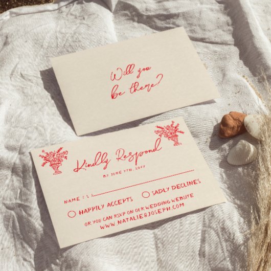 Retro Hand Drawn Red Unique Quirky Wedding RSVP