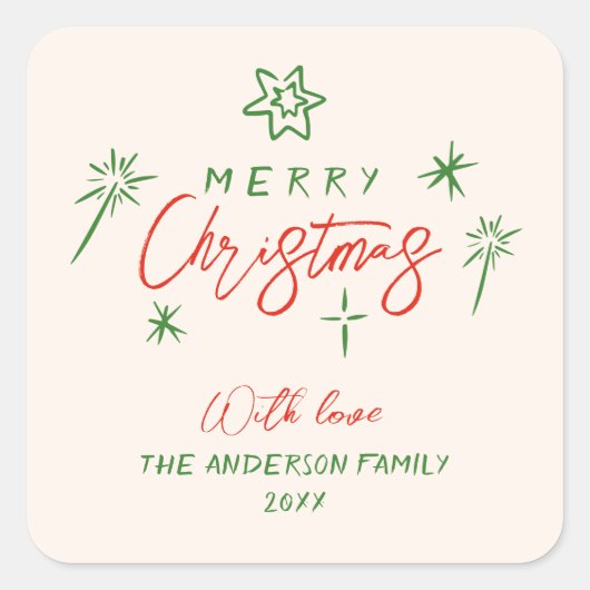 Retro  Hand Drawn Stars Vrolijk Kerstfeest Vierkante Sticker (Voorkant)