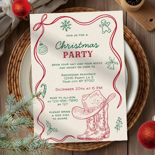Retro Hand Drawn Western Cowboy Christmas Party Kaart
