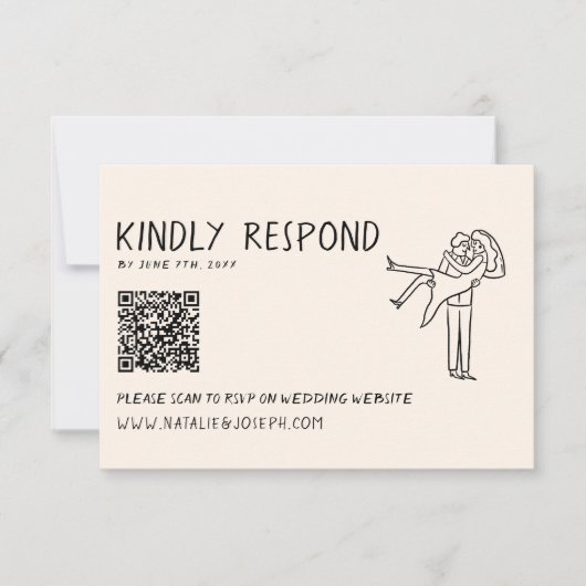 Retro Hand Geschreven Getrokken QR Code Unieke Huw RSVP Kaartje (Voorkant)