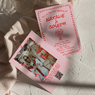 Retro Hand getekend Roze Rode Foto QR Code Huwelij Kaart