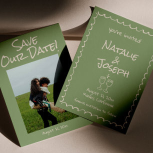 Retro Hand Getekende Geschreven Groene Funky Foto Save The Date