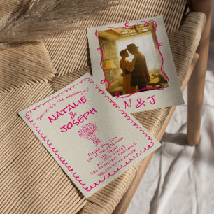 Retro Hand Getekende Levendige Roze Moderne Foto H Kaart