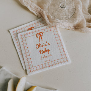 Retro Hand Getekende Oranje Strik Gingham Baby Sho Servet