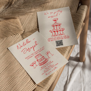 Retro Hand Getekende Rode Taart Unieke QR Code Bru Kaart