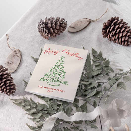 Retro Hand getekende Unieke Boom Kerst Feestdagen Kaart