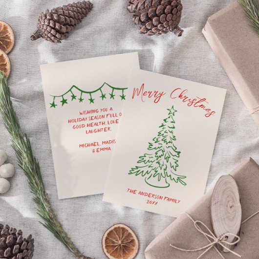 Retro Hand getekende Unieke Boom Kerst Feestdagenkaart