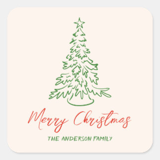 Retro  Hand getekende Unieke Boom Kerst Vierkante Sticker