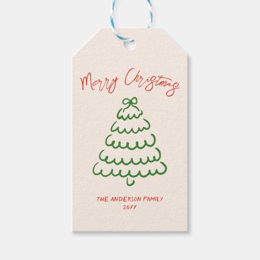 Retro Hand getrokken Boog Tree Unique Christmas Cadeaulabel (Voorkant)
