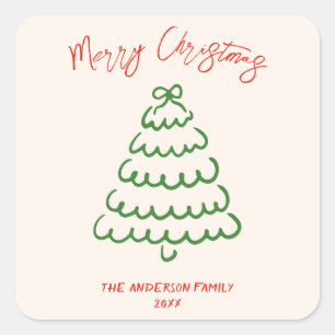 Retro Hand getrokken Boog Tree Unique Christmas Vierkante Sticker