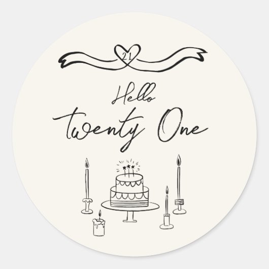 Retro Hand Getrokken Cake Kaarsen Fun 21st Verjaar Ronde Sticker (Voorkant)