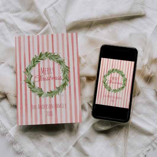 Retro Hand getrokken groene rode kerstkrans Feestdagenkaart