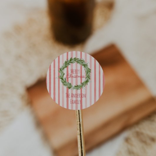 Retro Hand getrokken groene rode kerstkrans Ronde Sticker