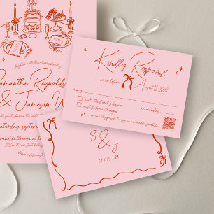 Retro Hand Getrokken Krabbel Roze & Rode bruiloft RSVP Kaartje