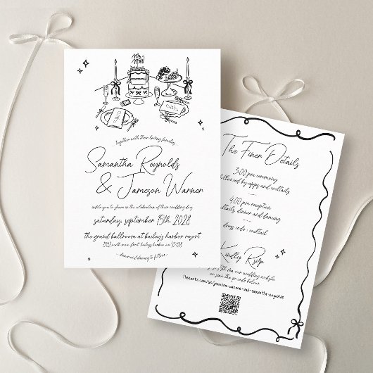 Retro Hand Getrokken Krabbel Zwart & Wit Trouwen Kaart