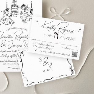 Retro Hand Getrokken Krabbel Zwart & Wit Trouwen RSVP Kaartje