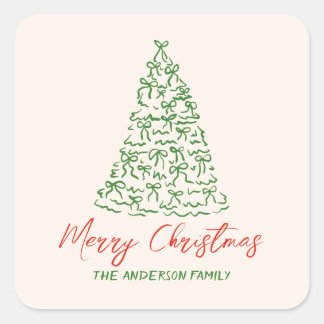 Retro  Hand Getrokken Linten Boom Kerst Vierkante Sticker