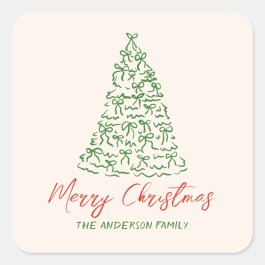 Retro  Hand Getrokken Linten Boom Kerst Vierkante Sticker (Voorkant)