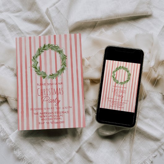 Retro Hand Getrokken Rode Groene Kerst Krans Parti Kaart