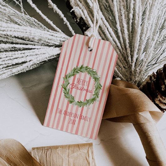 Retro Hand getrokken rood groen vrolijke kerstkran Cadeaulabel