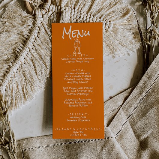 Retro Hand Written Drawn Orange Quirky Fun Wedding Menu