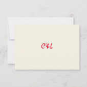 Retro handgeschreven grillige rode bruiloft RSVP kaartje (Achterkant)