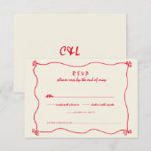 Retro handgeschreven grillige rode bruiloft RSVP kaartje (Voorkant / Achterkant)