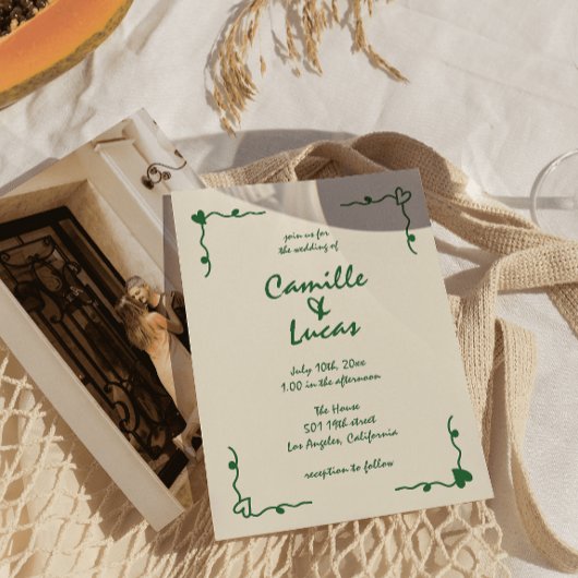 Retro Handgeschreven Whimsical Groene Bruiloft Kaart