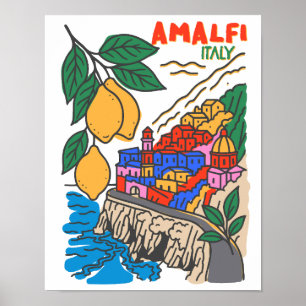 Retro handgetekende Amalfi Italië Mediterraan Kuns Poster