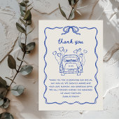 Retro handgetekende blauwe unieke boog trouwauto bedankkaart