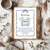 Retro handgetekende blauwe unieke boog trouwauto bedankkaart