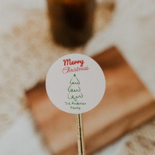 Retro handgetekende groene rode abstracte kerstboo ronde sticker