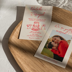 Retro Handgetekende Rode Cake Unieke Foto Bruiloft Kaart