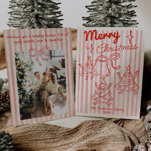 Retro handgetekende rode grappige kerstbomen Boog Feestdagenkaart