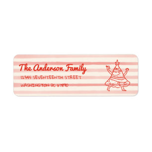 Retro handgetekende rode grappige kerstboom adres etiket