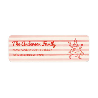 Retro handgetekende rode grappige kerstboom adres etiket