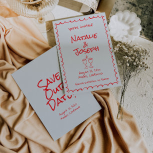 Retro Handgetekende Rode Quirky Funky Bruiloft Save The Date