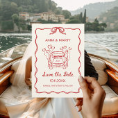 Retro Handgetekende Rode Unieke Boog Trouwauto Save The Date